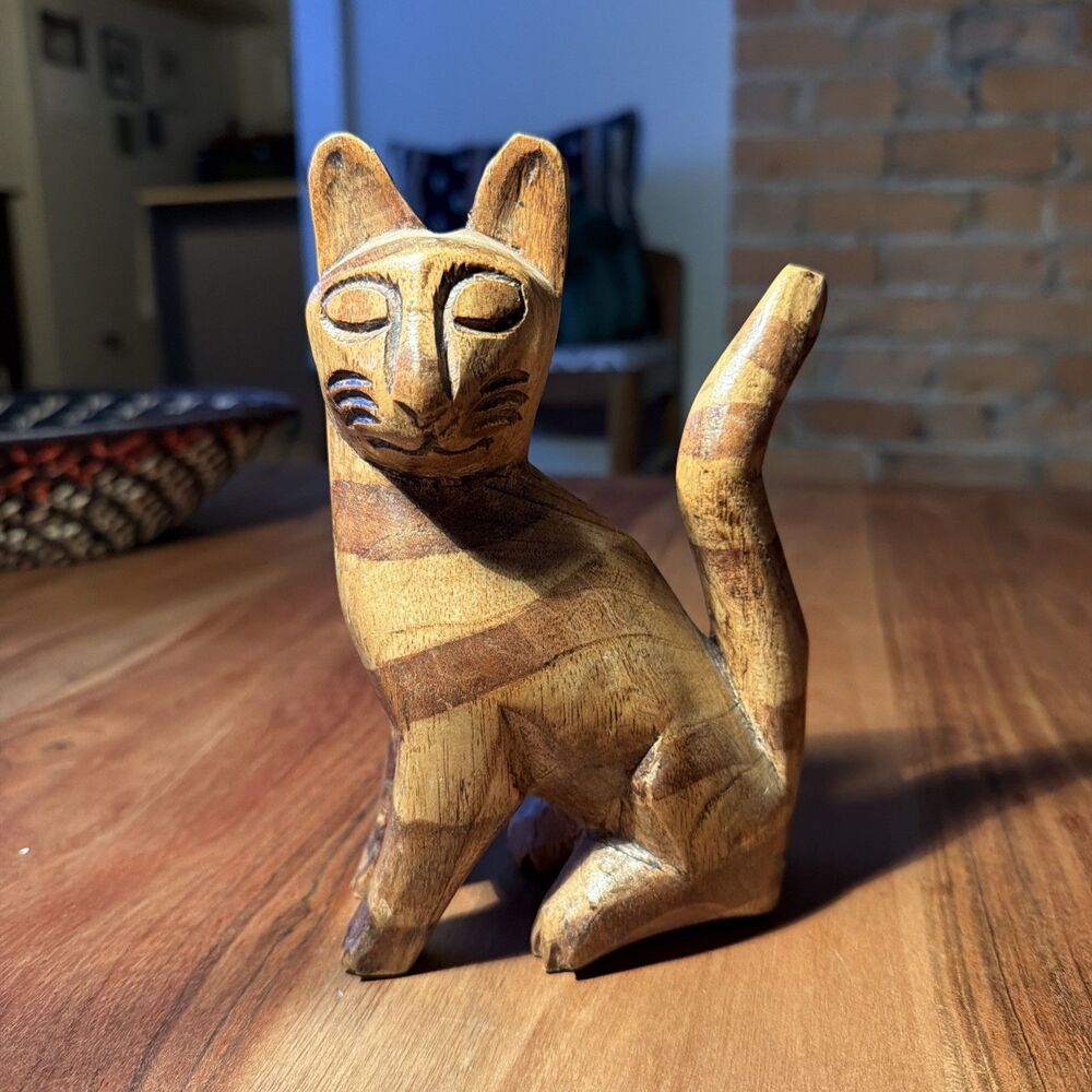 Hand Carved Wooden Cat- Folk Art- Striped